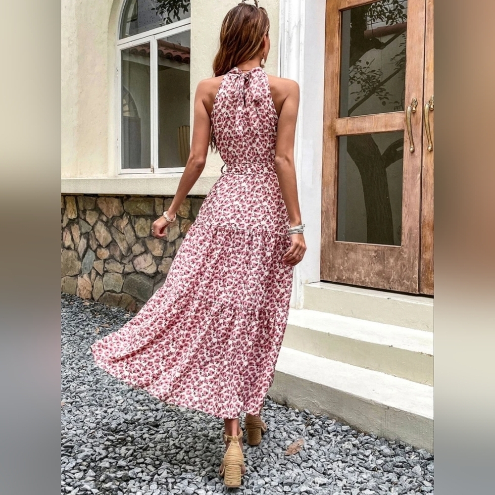 Shein Womens Floral Print Halter Tiered Dress Size Small - Picture 2 of 15